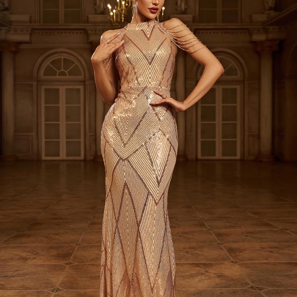 Cold Shoulder Beads Chain Cocktail Dress M01081 - Picture 2 of 6